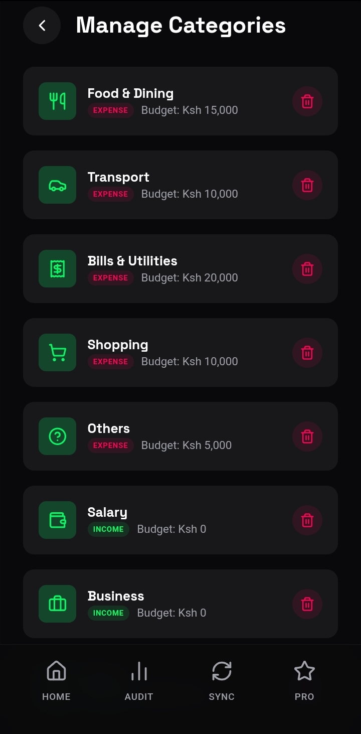 Neon manage categories screen