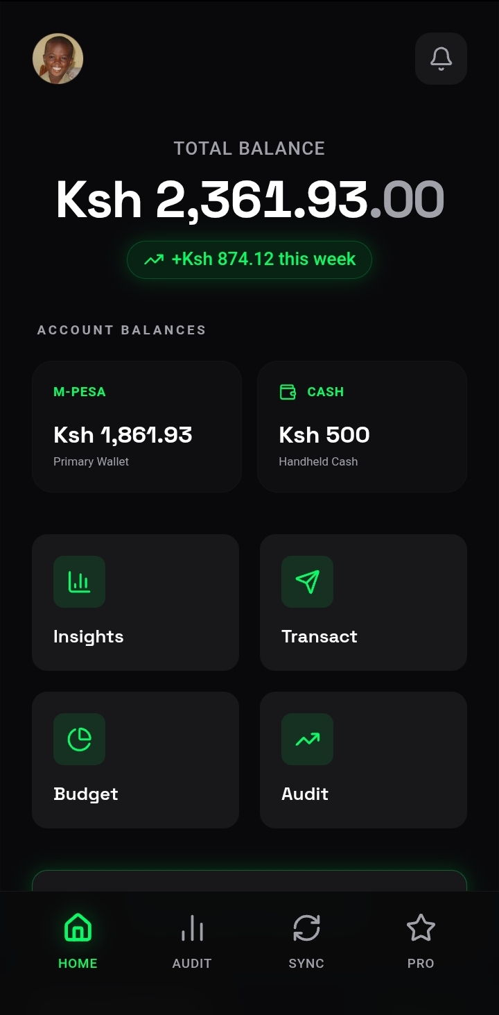 Neon home dashboard showing total balance, account balances and key sections